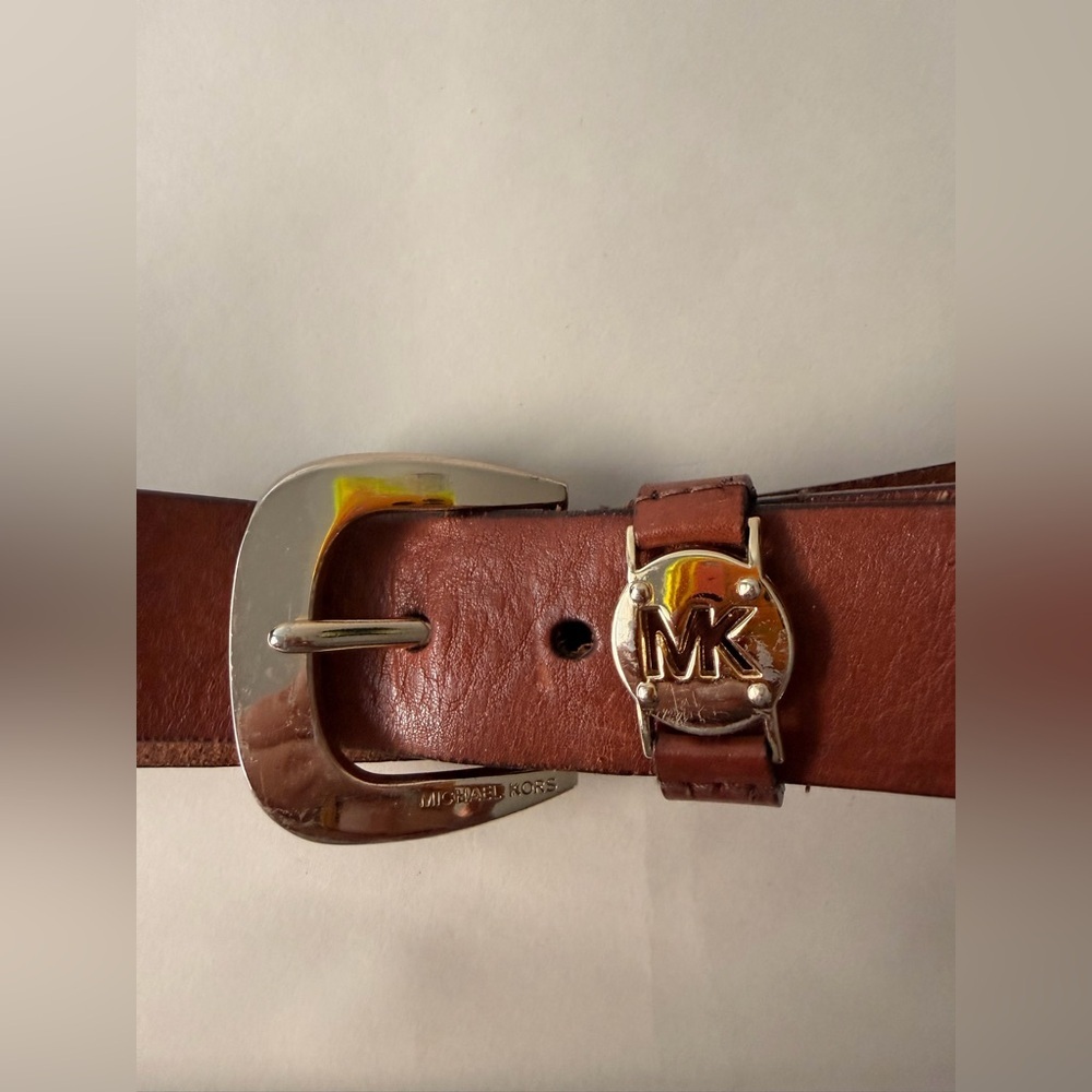Michael Kors Brown Leather Belt | Gold MK Logo Buckle Designer Belt